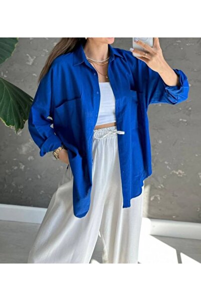 BYB Saks mavisi büyük çift cepli keten gömlek