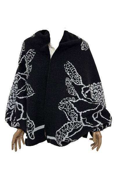 BRV Tekstil Floral Patterned Black Gray Winter and Seasonal Knitwear Shoulder Shawl Scarf