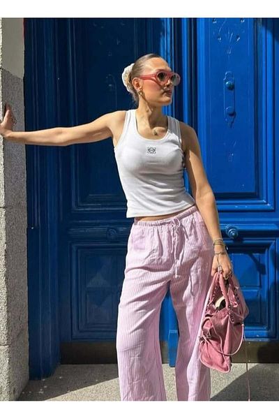Madmext Rosa, verstellbare Taille, weites Bein, drapierte, gestreifte Hose MG2087