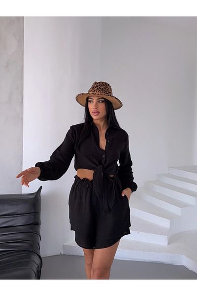 hazelin Women's Black Muslin Linen Shorts Shirt Bottom Top Set Hzl25S-Dsb1012