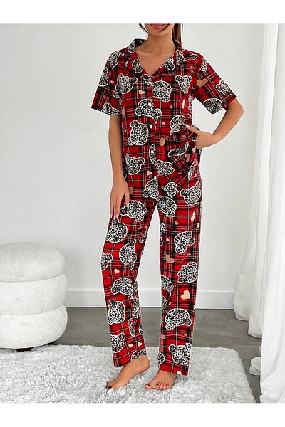 VG BOND MODA Print Buttoned Short Sleeve Single Jersey Women's Pajama Set - Vg138