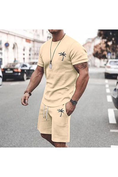 aynewmoda Shorts Set, Men's Premium Shorts with Pockets, Round Neck, Coconut Tree Graphics