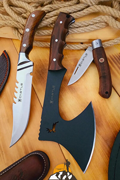 LAZBİSA Outdoor Balta Kamp Piknik Çakısı Şef Bıçağı Ceviz Ağacı Ahşap Sap Kılıflı ( Outlz-04 )