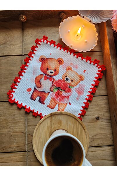 Runner Supla Home 2 adet dekoratif kırmızı ROMANTİK AYICIK desenli kokteyl su...