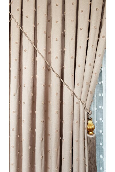 Yuka Λινάρι με υφή Pompom Cappuccino Πάνελ Φόντο Κουρτίνα Πολυτελής Βαριά Βαριά ΜΟΝΟ ΦΤΕΡΟ 1/3 Σφιχτά Πλισέ