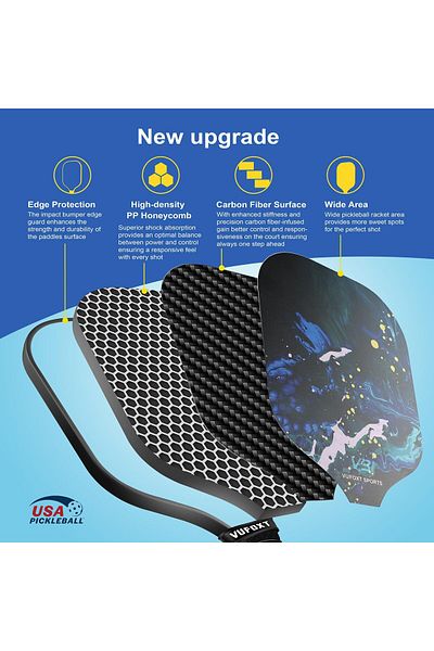 VUFOXT Pickleball Paddles Set of 2, USAPA Approved, Carbon Fiber, 4 Balls & Bag (Blue Waves)