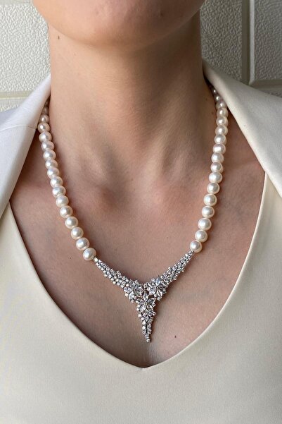 Birinci 925 Ayar Gümüş 8 mm Zirkon Taşlı Doğal İnci Kolye