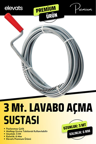 Elevats Premium 3 Mt. Tıkalı Banyo Lavabo Deliği Gider Boru Açıcı Aparat Lava...