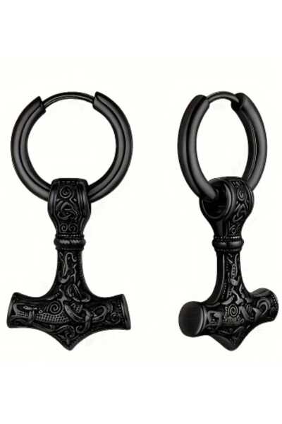 sarıyer silver Viking Model Çekiç Figürlü Iskandinav Mitoloji Temalı Çelik Sallantılı Halka Küpe