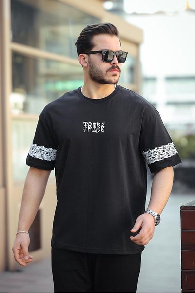 Miron Tricou oversize cu mânecă scurtă, cu decolteu în formă de tribo, cu imprimeu negru - 2503