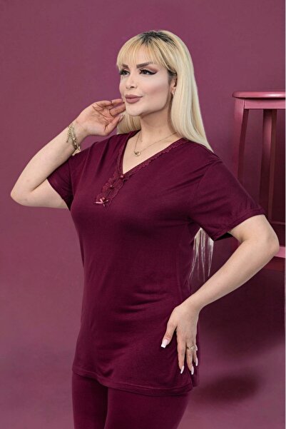 Elit Дамска бамбукова пижама с къс ръкав и дантелена яка с голям размер и коп...