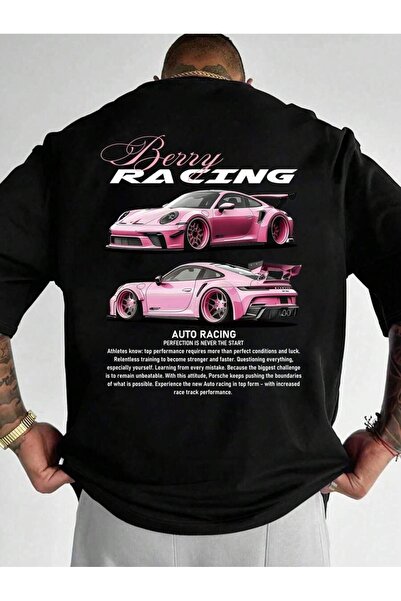 PERISENSE تي شيرت محبوك برقبة دائرية للرجال باللون الأسود مطبوع عليه سباق التوت الأبيض مقاس كبير/عريض