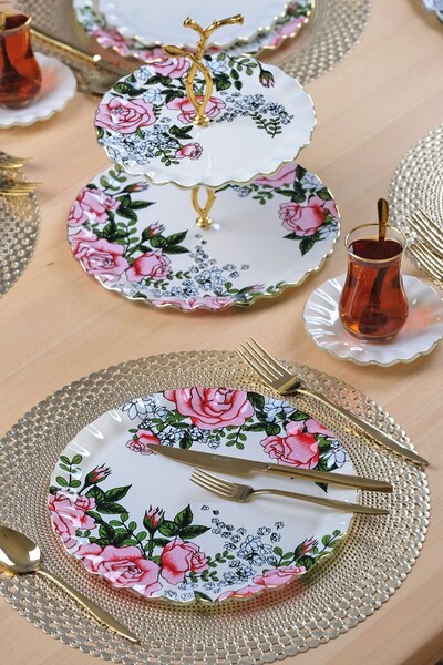 Glore Roseline Krem Altın Yaldızlı 6 Kişilik 28 Parça Pasta Çay Servis Takımı