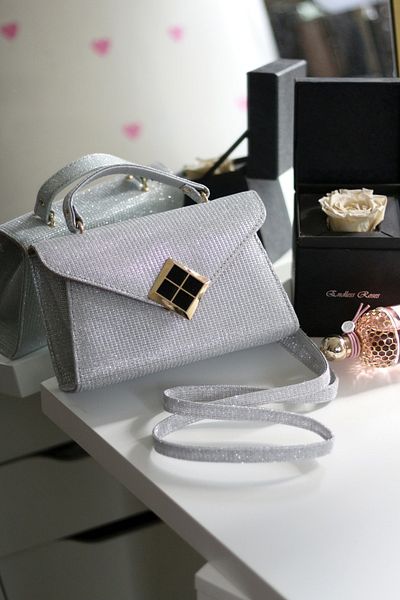 Moom Bag Γυναικεία τσάντα Clutch βραδινό φόρεμα με λευκό γκλίτερ τετράγωνο χρυσό αξεσουάρ