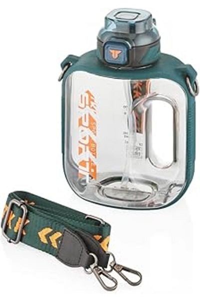 Mu Art Ahşap Tkk 1000Ml Leakproof Tritan Sport Flask with Carrying Strap Suitable for Use with or without Straw (Green)