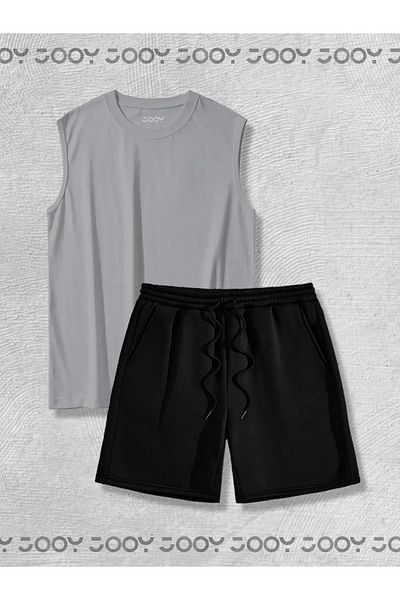 Jooy Smoke Grey Αμάνικο Athlete's Singlet Oversize Tshirt - Μαύρο χτενισμένο βαμβακερό σορτς Σετ 2 τεμαχίων