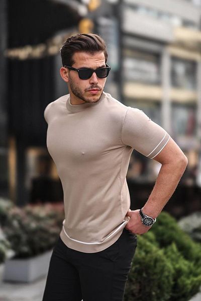 Pobudo Beige Knitwear Summer Men's T-Shirt