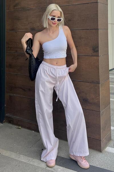 Madmext Pudra Beli Ayarlanabilir Bol Paça Dökümlü Çizgili Pantolon MG2087