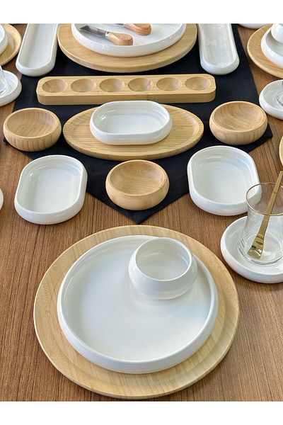 MD MİMOZA DEKOR Round Bamboo & White Breakfast Set for 12 People 112 Pieces