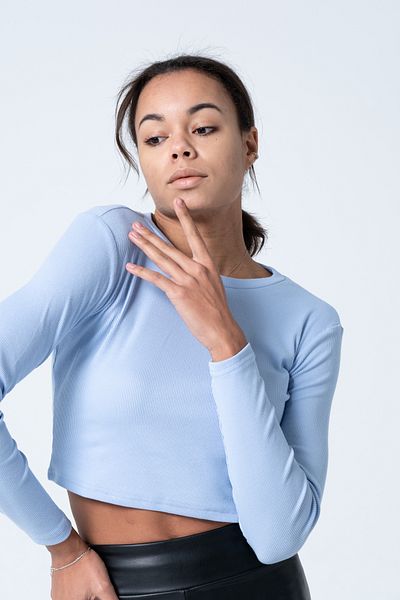 PUNKY CAT Women's Blue Long Sleeve Ribbed Blouse Crop Knitted T-Shirt