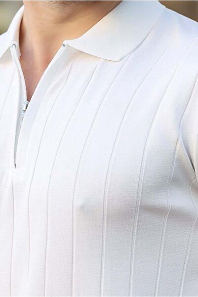 Madmext Tricou alb pentru bărbați cu gât polo cu fermoar E7298