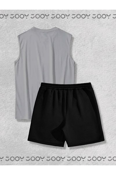 Jooy Smoke Grey Αμάνικο Athlete's Singlet Oversize Tshirt - Μαύρο χτενισμένο βαμβακερό σορτς Σετ 2 τεμαχίων