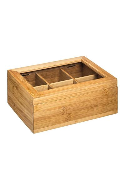 Five Simply Smart 6-Compartment Rectangular Wooden and Glass Tea Box