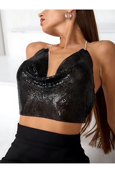 Burcumay Bluză sexy cu lanț pentru femei, neagră, strălucitoare, cu paiete, mini crop, cu gât de barcă, armura bustieră