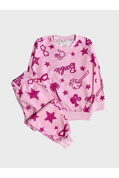 ALİŞ KİDS Girl's Cotton Pink Star Palm Tree Patterned Long Sleeve Seasonal Pajama Set