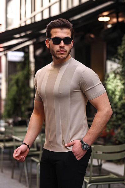 Pobudo Men's Knitwear T-Shirt - Mink Color, Short Sleeve