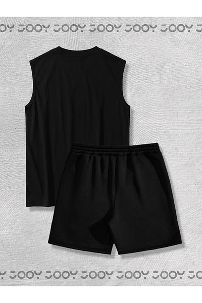Jooy Μαύρο αμάνικο αθλητικό μπλουζάκι Oversize - Μαύρο χτενισμένο βαμβακερό σορτς Σετ 2 τεμαχίων