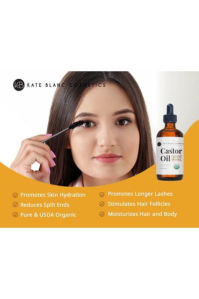 Kate Blanc Cosmetics Organic Castor Oil 4oz - Pure, Cold Pressed, Hexane Free for Hair, Skin & Lashes