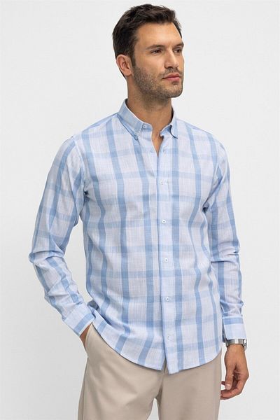 Tudors Ανδρικό μακρυμάνικο λινό καρό πουκάμισο Classic Fit με γιακά