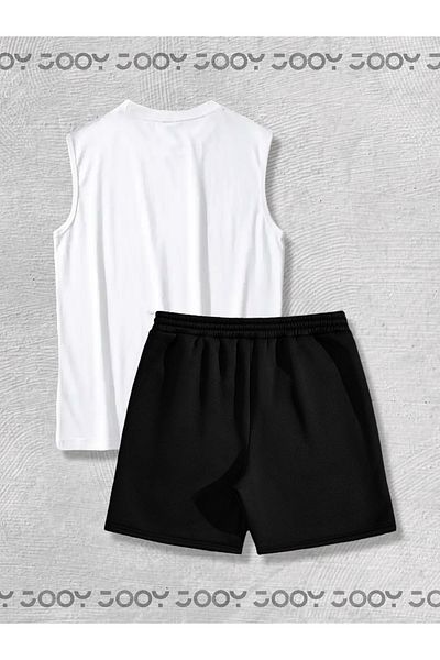 Jooy Λευκό αμάνικο αθλητικό μπλουζάκι Oversize - Μαύρο χτενισμένο βαμβακερό σορτς Σετ 2 τεμαχίων