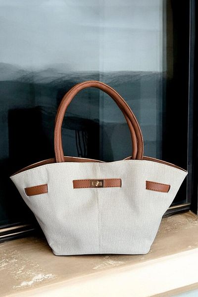BAHELS Women's Canvas Tan Detailed Hand and Shoulder Bag with Magnet Closure and Lock Detail
