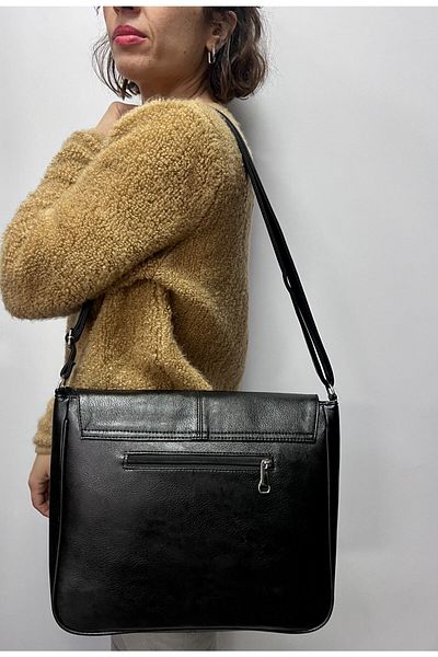 Akın Black Large Size Women's Bag - Clamshell Postman, Non-Peel Leather