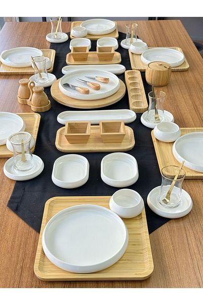 MD MİMOZA DEKOR Breakfast Set for 6 People 60 Pieces Bamboo and White