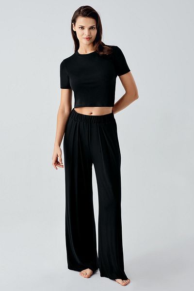 Artış Short Sleeve Crop Wide Leg Stretchy Viscose Pajama Set