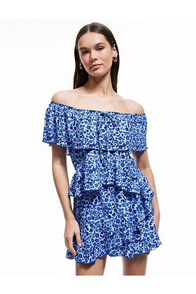 Koton Mini Jumpsuit Wrap - Open Shoulder, Flounces and Floral Design