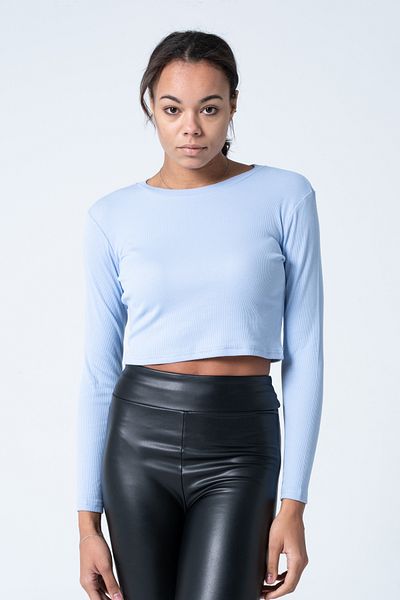 PUNKY CAT Women's Blue Long Sleeve Ribbed Blouse Crop Knitted T-Shirt