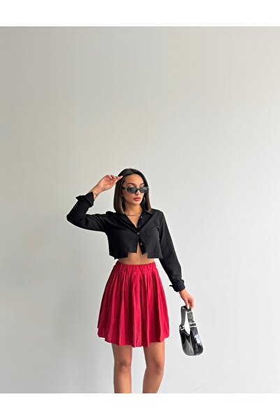 BEJNA Fusta mini cu pliuri cu textura modal roșie pentru femei