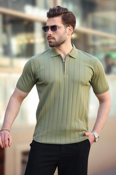Madmext Khaki Polo Neck Zippered Men's T-Shirt E7298