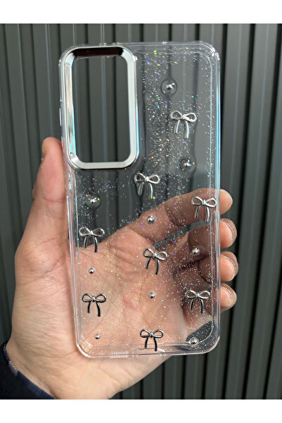 m.tk moveteck Samsung Galaxy S24 Fe Compatible Bow Pattern Transparent Case Glitter Shockproof Bow Tie Cover