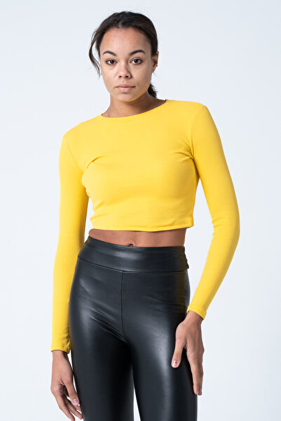 PUNKY CAT Women's Yellow Long Sleeve Ribbed Blouse Crop Knitted T-Shirt