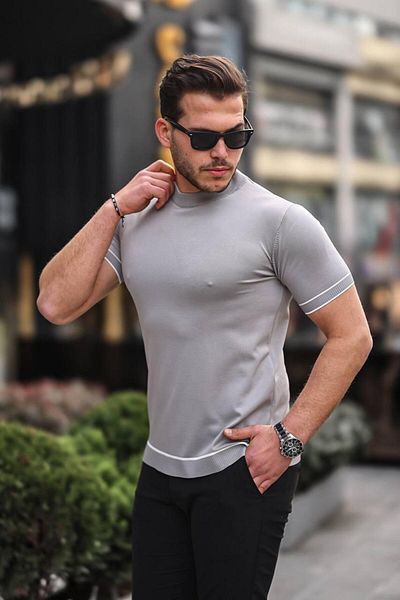 Pobudo Gray Color Knitwear Summer Men's T-Shirt