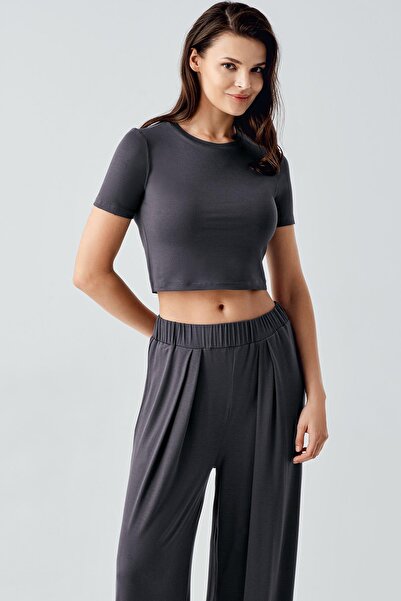 Artış Short Sleeve Crop Wide Leg Stretchy Viscose Pajama Set