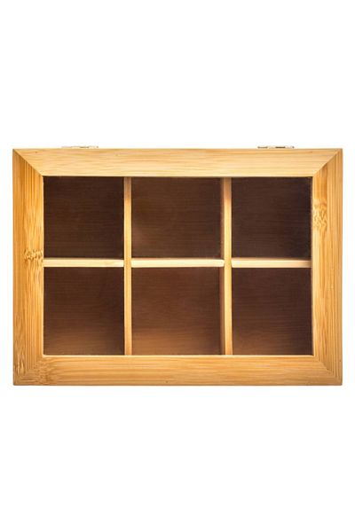 Five Simply Smart 6-Compartment Rectangular Wooden and Glass Tea Box