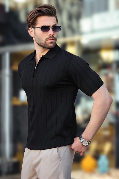 Madmext Černé pánské tričko Polo Neck na zip E7298
