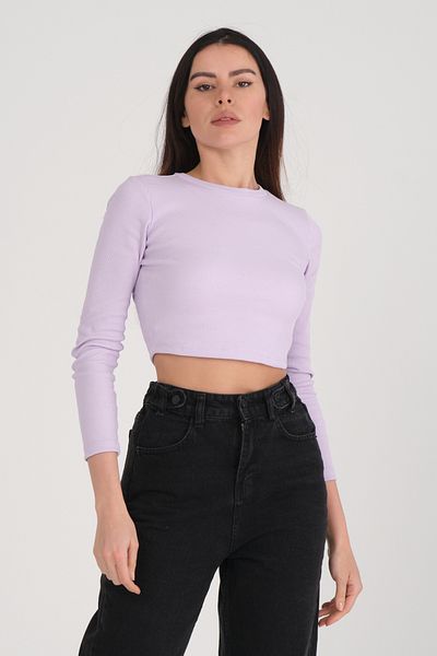 PUNKY CAT Women's Light Lilac Long Sleeve Ribbed Blouse Crop Knitted T-Shirt