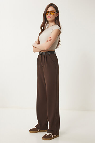 Lovelyİstanbul Kemerli Rahat Palazzo Örme Pantolon KAHVERENGİ LRV0093